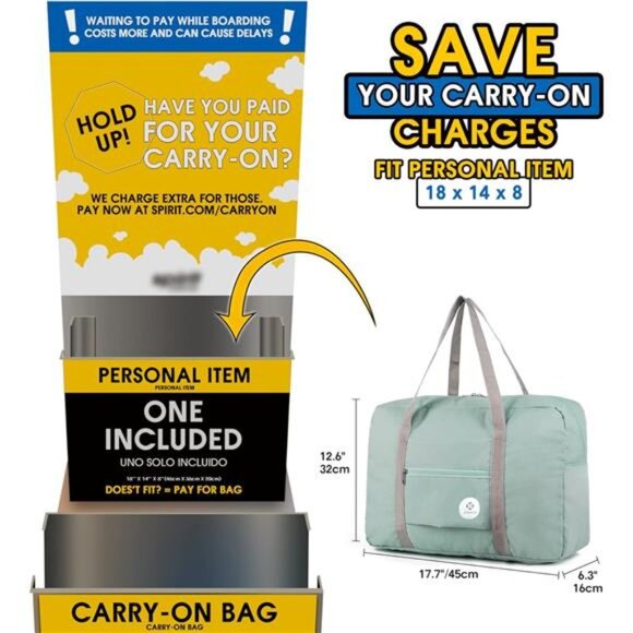 For Spirit Airlines Personal Item Bag 18x14x8 Foldable Travel Duffel Bag Tote - Picture 2 of 7